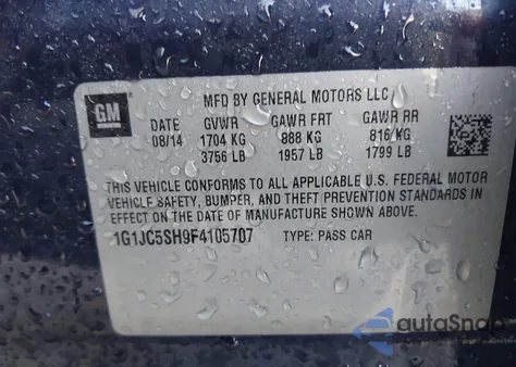 2015 Chevrolet Sonic Lt Auto z USA, uszkodzony, nr VIN 1G1JC5SH9F4105707